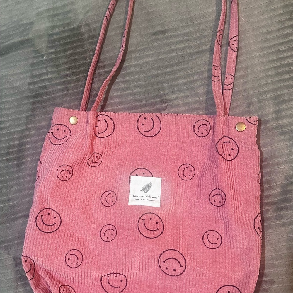 Pink Corduroy Smiley Face Tote Bag